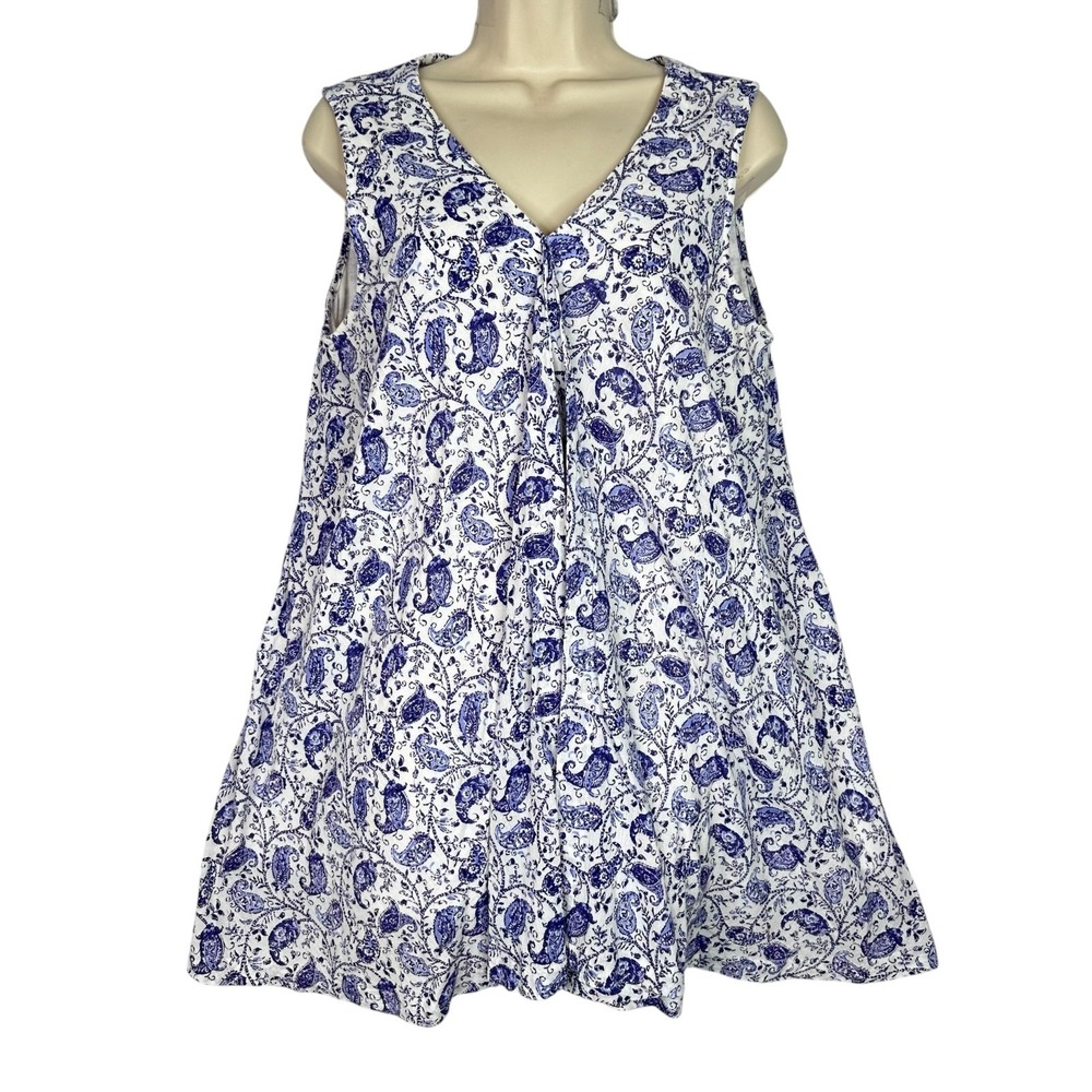 Garnet Hill Paisley Cotton Tank Top Womens Size 10 Blue White Ruffle Front Tunic